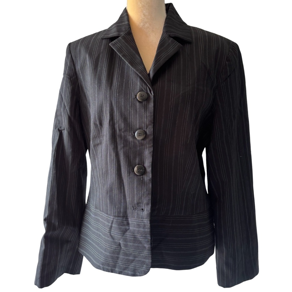 Evan Picone Black Striped Womens Blazer Size 14 Office Suit Jacket Lined Stretch